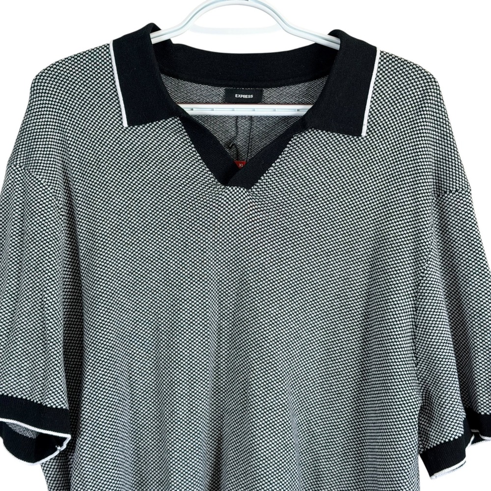 Express Johnny Collar Sweater Mens XL Black White‎ Micro Pattern Short Sleeve